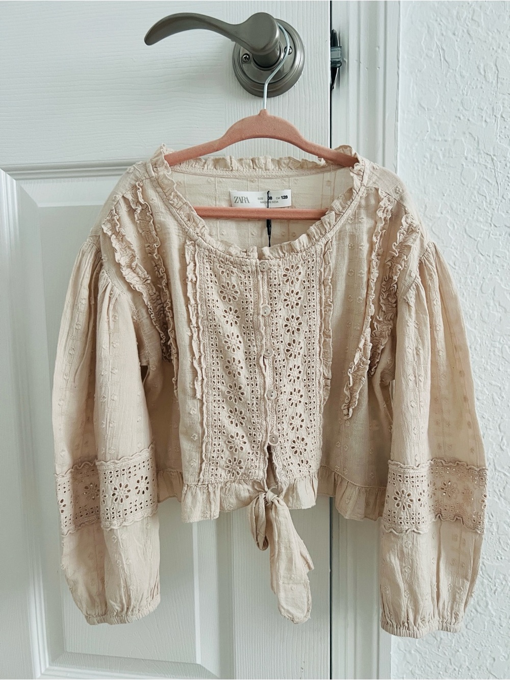 ZARA Cream Eyelet Tie-Front Blouse